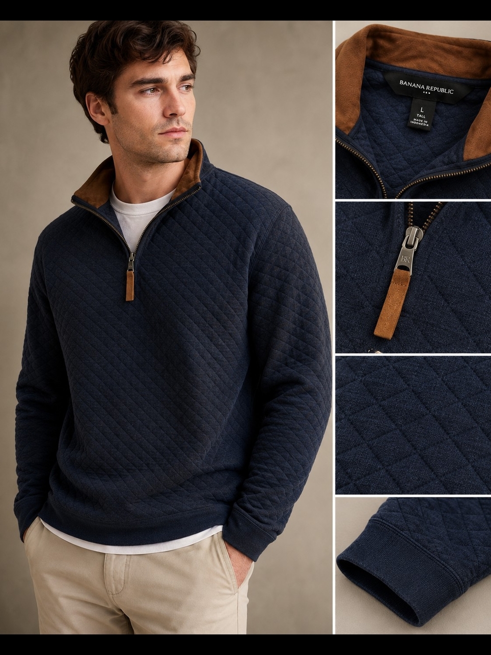 Banana Republic Navy Quilted Half-Zip Sweater with Brown Trim sz. L